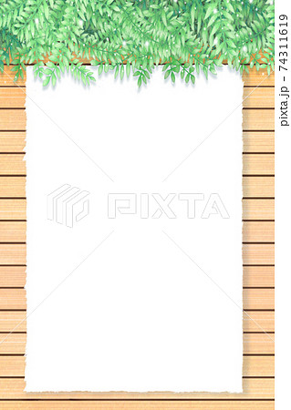 新緑の葉と木の板の背景 白いコピースペース 縦のイラスト素材