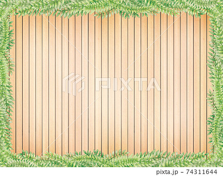 木の板と黄緑の葉の背景のイラスト素材