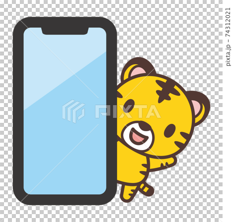 從智能手機後面偷看的可愛老虎角色 74312021