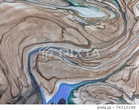Abstract fluid art background brown and blue colors. Watercolor painting. 74312140