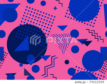 Seamless pattern with geometric shapes in the style of the 80s. Trendy retro background for printing on paper, advertising materials and fabric. Vector illustration Seamless pattern with geometric shapes in the style of the 80s. Trendy retro background for printing on paper, advertising materials and fabric. Vector illustration 74312505