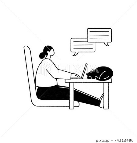 リモートワークをする女性 モノクロ 手描きイラストのイラスト素材
