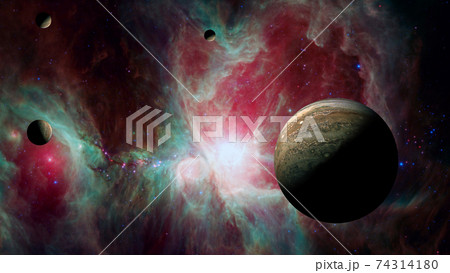 View of Jupiter, the fifth planet of the Solar System, with nebula. Elements of this image furnished 74314180