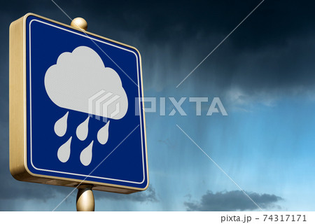 Blue and White Bad Weather Sign with Rainy Sky on Background 74317171