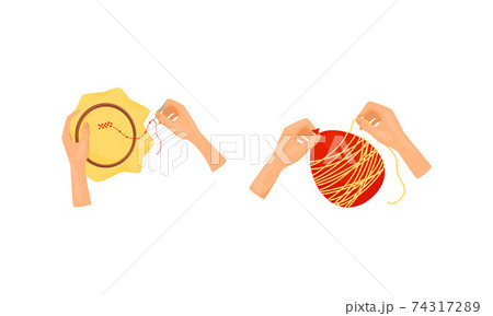 Hands Tambouring or Crocheting as Handmade Craft Vector Set Hands Tambouring or Crocheting as Handmade Craft Vector Set 74317289