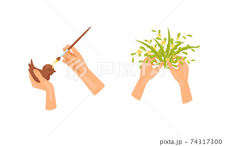 Hands Painting Bird and Gathering Flower Bunch as Handmade Craft Vector Set Hands Painting Bird and Gathering Flower Bunch as Handmade Craft Vector Set 74317300