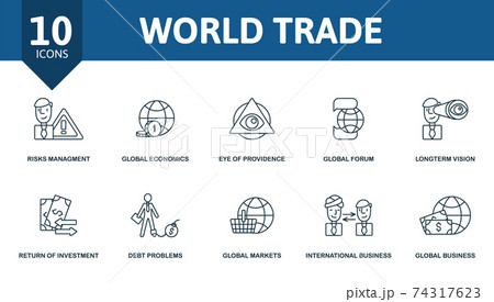 World Trade icon set. Collection contain development solution, risks management, global economics, eye of providence, global forum and over icons. World Trade elements set. World Trade icon set. Collection contain development solution, risks management, global economics, eye of providence, global forum and over icons. World Trade elements set. 74317623