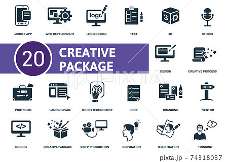 Creative Package icon set. Collection contain brief, inspiration, test, vector and over icons. Creative Package elements set. 74318037