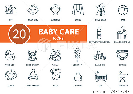 Baby Care icon set. Collection contain stroller, duck, ball, swing, girl, boy, gift, chair and over icons. Baby Care elements set. 74318243