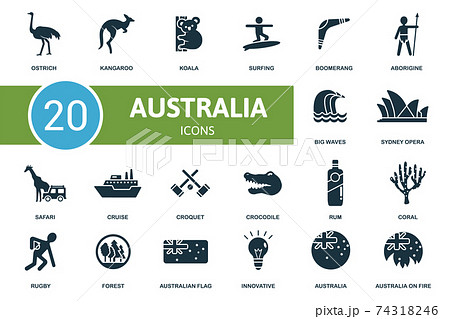 Australia icon set. Collection contain kangaroo, koala, boomerang, opera, australia and over icons. Australia elements set 74318246