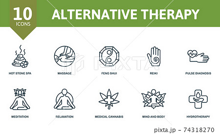 Alternative therapy icon set. Collection contain reiki, pulse, diagnosis, feng, shui, hot, stone, spa, massage, mind, body, hydrotherapy, relaxation and over icons. Alternative therapy elements set Alternative therapy icon set. Collection contain reiki, pulse, diagnosis, feng, shui, hot, stone, spa, massage, mind, body, hydrotherapy, relaxation and over icons. Alternative therapy elements set 74318270