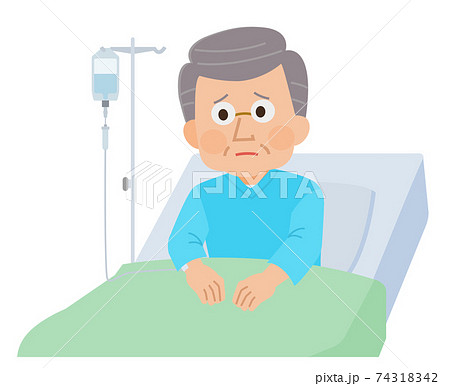 入院 点滴を受ける不安な入院患者の高齢男性 イラストのイラスト素材