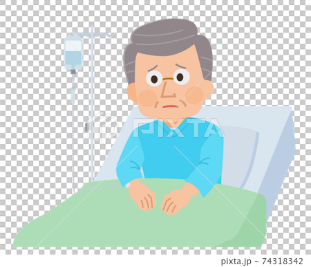 入院　点滴を受ける不安な入院患者の高齢男性　イラスト 74318342