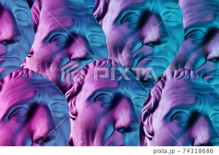 Background. Collage with plaster antique sculpture of human face in a pop art style. Modern creative concept image with ancient statue head. Funky minimalism. Zine culture. Contemporary art texture. 74318686