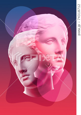 Collage with plaster antique sculpture of human face in a pop art style. Modern creative concept image with ancient statue head. Zine culture. Contemporary art poster. Funky minimalism. Retro design. 74318712