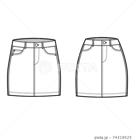 Denim skirt technical fashion illustration with mini length, normal low waist rise, curved and angled pockets. Flat Denim skirt technical fashion illustration with mini length, normal low waist rise, curved and angled pockets. Flat 74319525
