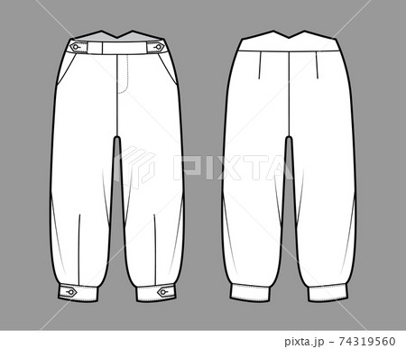 Short plus fours pants technical fashion illustration with tab, knee length, normal waist, rise, slashed pocket. Flat Short plus fours pants technical fashion illustration with tab, knee length, normal waist, rise, slashed pocket. Flat 74319560