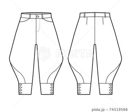 Riding breeches short pants technical fashion illustration with knee length, low waist, rise, curved pocket, buttoned. Riding breeches short pants technical fashion illustration with knee length, low waist, rise, curved pocket, buttoned. 74319566