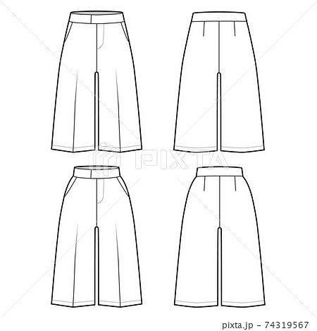 Set of Shorts Bermuda dress pants technical fashion illustration with knee length, normal low waist rise, slashed pocket 74319567