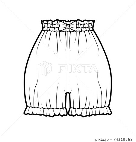 Short bloomers pants technical fashion illustration with bow, mini length, normal waist, high rise, gathered Flat bottom Short bloomers pants technical fashion illustration with bow, mini length, normal waist, high rise, gathered Flat bottom 74319568