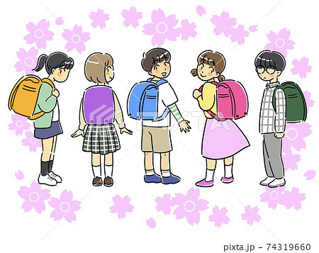 ランドセルを背負って振り向く男の子と女の子と桜のイラスト素材