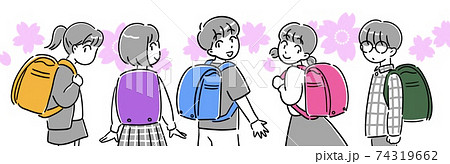ランドセルを背負って振り向く男の子と女の子と桜のイラスト素材