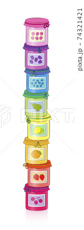Jar of jam tower. Rainbow colored set of sweet yummy fruit jelly in screw glasses with checkered cloth covers and ribbons. Isolated comic style vector illustration on white background. Jar of jam tower. Rainbow colored set of sweet yummy fruit jelly in screw glasses with checkered cloth covers and ribbons. Isolated comic style vector illustration on white background. 74321421