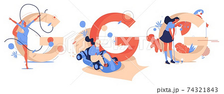 Sport G letters with women training gymnastics, go-carting and golf. Concept illustrations with capital characters smiling and having fun 74321843