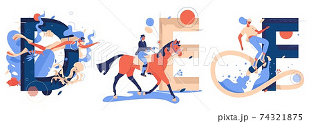 Vector collection with capital letters D for diving, D for equestrian and F for flyboarding sport. Women riding horse, swims underwater, flies under the sea drawn in blue and orange 74321875