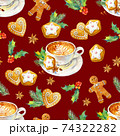 Christmas seamless watercolor pattern. Tasty set of Christmas drinks and sweets.  74322282