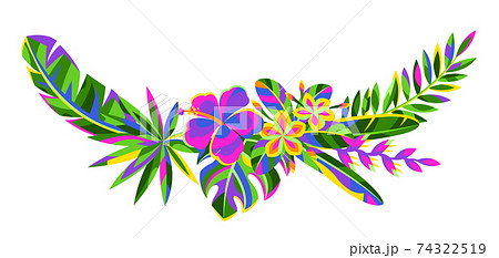 Decorative element with tropical flowers and palm leaves. 74322519
