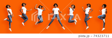 Collage of jumping stylish black lady on orange 74323711