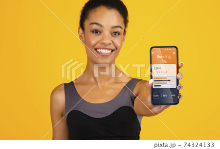Running Application. Black Female Holding Phone With Jogging App On Screen, Collage Running Application. Black Female Holding Phone With Jogging App On Screen, Collage 74324133