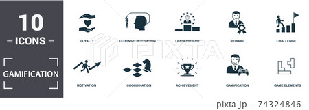 Gamification icon set. Contain filled flat challenge, game elements, leaderboards, loyalty, coordination, reward icons. Editable format 74324846