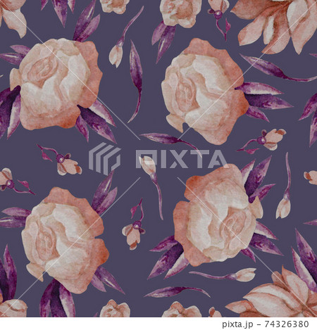 Seamless patterns. Floral pattern of pink flowers, peonies and rosebuds with purple leaves on a gray background. Watercolor. For design, decor, packaging, textiles, decor and wallpaper 74326380