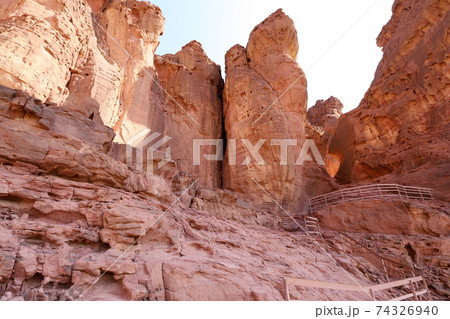 The Pillars of Solomon in the Timna Valley near Eilat in southern Israel. Geological rock formations The Pillars of Solomon in the Timna Valley near Eilat in southern Israel. Geological rock formations 74326940