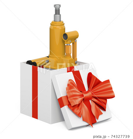Hydraulic bottle jack inside gift box, present concept. 3D rendering Hydraulic bottle jack inside gift box, present concept. 3D rendering 74327739
