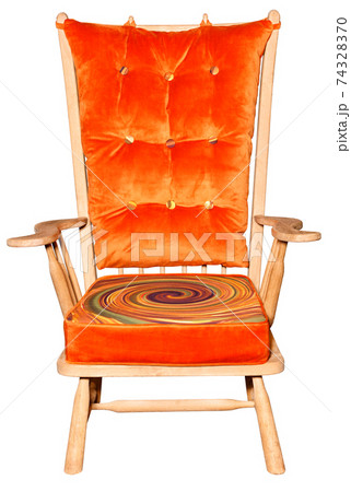 Wooden armchair with padded saddle and bright orange print, isolated on white background. 74328370