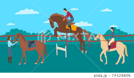 Cartoon Color Characters People and Horse Rider School Concept. Vector Cartoon Color Characters People and Horse Rider School Concept. Vector 74328806