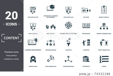 Content icon set. Contain filled flat cost per action, cost per sale, crowdsourcing, curation, engagement, forum, infographic icons. Editable format 74332188