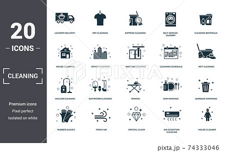 Cleaning set icons collection. Includes simple elements such as Loundry Delivery, Dry Cleaning, Express Cleaning, Self-Service Laundry, Cleaning Materials, Bathroom Cleaning and Ironing premium icons 74333046