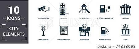 City Elements icon set. Contain filled flat vending machine, bicycle parking, filling station, playground, museum, leisure park icons. Editable format City Elements icon set. Contain filled flat vending machine, bicycle parking, filling station, playground, museum, leisure park icons. Editable format 74333098