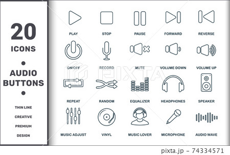 Audio Buttons icons set collection. Includes creative elements such as Play, Stop, Pause, Reverse, Forward, Random and Equalizer premium icons Audio Buttons icons set collection. Includes creative elements such as Play, Stop, Pause, Reverse, Forward, Random and Equalizer premium icons 74334571