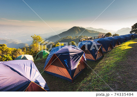 Tourist Camp Tent and Terrace Under Pine Trees Forest During Sunrise, Field Campground for Camping Vacation Adventure Outdoors and Leisure Activity. Backpacking Tourism, Travel Adventures Lifestyles 74335494