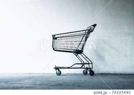 Shopping Cart in Front of Supermarket Doorway for Customers Service, Empty Shopping Trolley in Front of Convenience Grocery Store. Business Commodity Retail and Customer Market Place 74335495