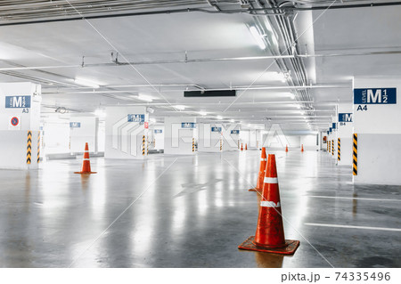 Car Parking Lot Floor Area of Shopping Mall, Perspective View Empty of Car Park Structure Building at Department Store. Auto Service Parking Lots Flooring 74335496