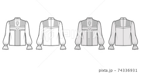Victorian blouse technical fashion illustration with bishop ruffles long sleeves, stand collar, oversized, lace. Flat 74336931