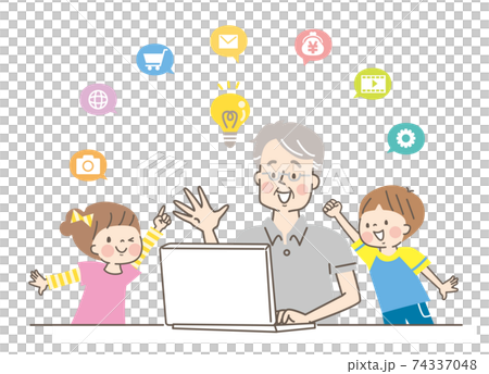 Senior man operating a computer and smiling grandson Senior man operating a computer and smiling grandson 74337048