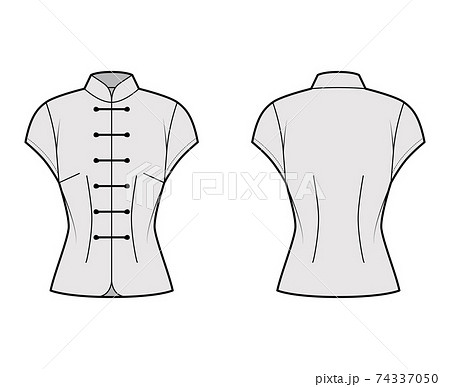 Mandarin blouse technical fashion illustration with cap sleeves, stand neck, fitted body, Frog closure. Flat Chinese  74337050