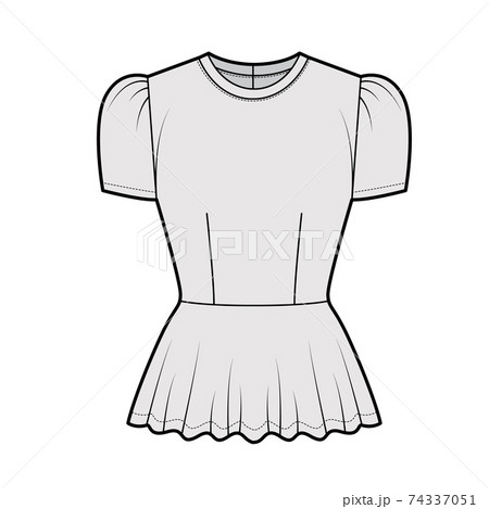 Peplum blouse technical fashion illustration with puff short cap sleeves, scoop neck, fitted body. Flat apparel shirt 74337051